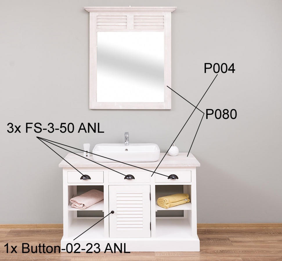 Kúpeľňová zostava lisi 666 - biela.

 

Obdĺžnikový tvar zrkadla je ideálnou voľbou do kúpeľne každého interiéru.

 

Kúpeľňová skrinka Vás na prvý pohľad oslní svojim rustikálnym vzhľadom.

 

Povrch skrinky je ošetrený farebným náterom v odtieni P004.

 

Kúpeľňová zostava sa skladá z týchto prvkov:


	Kúpeľňové zrkadlo Lisi 670 - 90x100x8cm (š, v, h)
	Kúpeľňová skrinka na umývadlo Lisi 666 - 120x75x51cm (š, v, h)


 

Umývadlo, batéria či kovový výpust nie sú súčasťou a je potrebné ich zakúpiť samostatne.

 

Pre kompletnú ponuku masívneho nábytku od tohto výrobcu kliknite TU.

 

Farba na fotografii sa môže ľahko líšiť oproti reálnemu výrobku. Príčinou môže byť zobrazovanie farieb monitora či rôzne nasvietenie výrobkov pri fotení.




Z dôvodu výroby masívneho nábytku na zákazku, sme nútení požadovať od zákazníka zálohu v minimálnej výške 30% z ceny nábytku.
