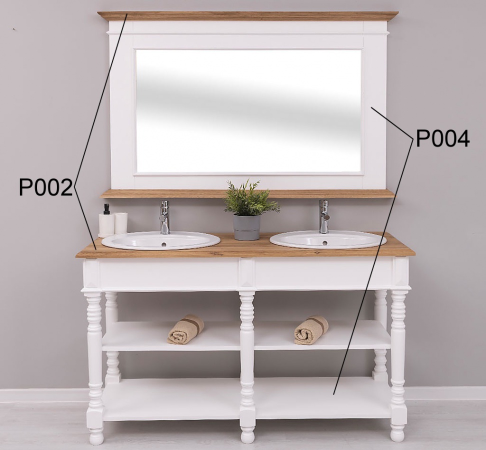 Kúpeľňová zostava luna 657 - biela/hnedá.

 

Vzdušný dizajn skrinky osvieži každú kúpeľňu, nehľadiac na to, v akom štýle ju máte.

 

Vyrezávané detaily zrkadla vdýchnu Vašej kúpeľni dušu a štýl.

 

Povrch skrinky je ošetrený farebným náterom v odtieni P004.

 

Umývadlá, batérie či kovový výpust nie sú súčasťou a je potrebné ich zakúpiť samostatne.

 

Kúpeľňová zostava sa skladá z týchto prvkov:


	Kúpeľňová skrinka pre 2 umývadlá Luna 657 - 150x90x54cm (š, v, h)
	Kúpeľňové zrkadlo Ava 138B - 151x95x8cm (š, v, h)


 

Pre kompletnú ponuku masívneho nábytku od tohto výrobcu kliknite TU.

 

Farba na fotografii sa môže ľahko líšiť oproti reálnemu výrobku. Príčinou môže byť zobrazovanie farieb monitora či rôzne nasvietenie výrobkov pri fotení.




Z dôvodu výroby masívneho nábytku na zákazku, sme nútení požadovať od zákazníka zálohu v minimálnej výške 30% z ceny nábytku.