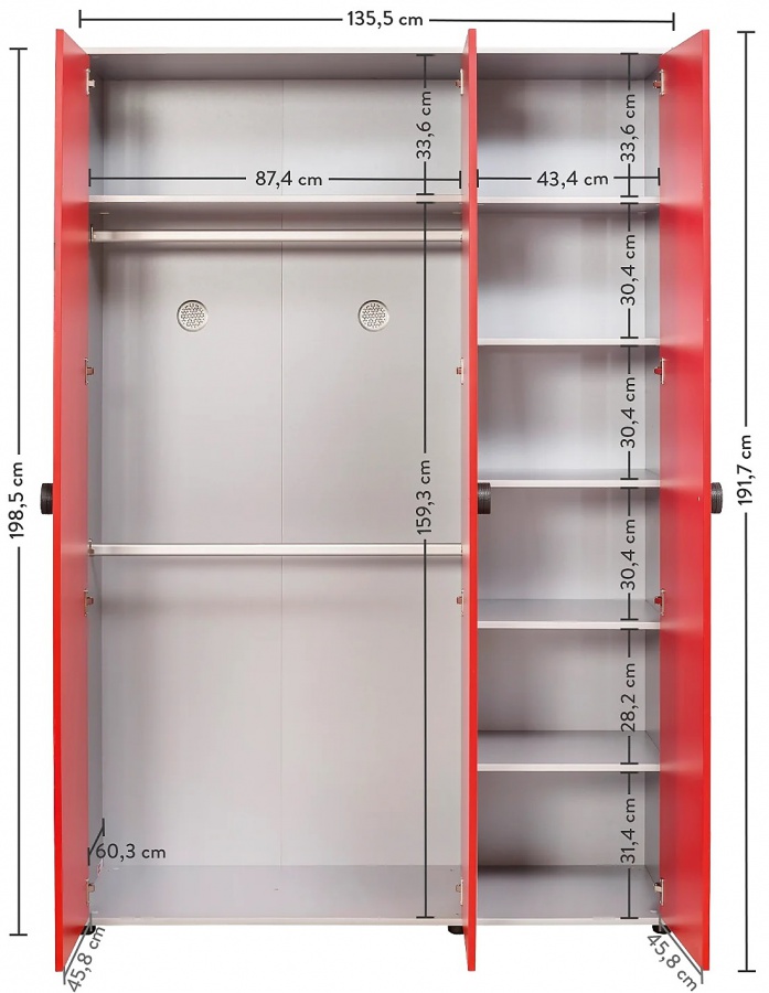Šatníková skriňa fittipaldi - červená/šedá.

 

Skriňa je vyrobená z kvalitného lamina, ktorý zaručí vysokú oteruvzdornosť a jednoduchú údržbu.

 

Rozmery šatníkovej skrine Fittipaldi sú 135,5x198,5x54,5cm (š, v, h).

 

Všetok nábytok patriaci do kolekcie Fittipaldi nájdete nižšie v súvisiacich produktoch.