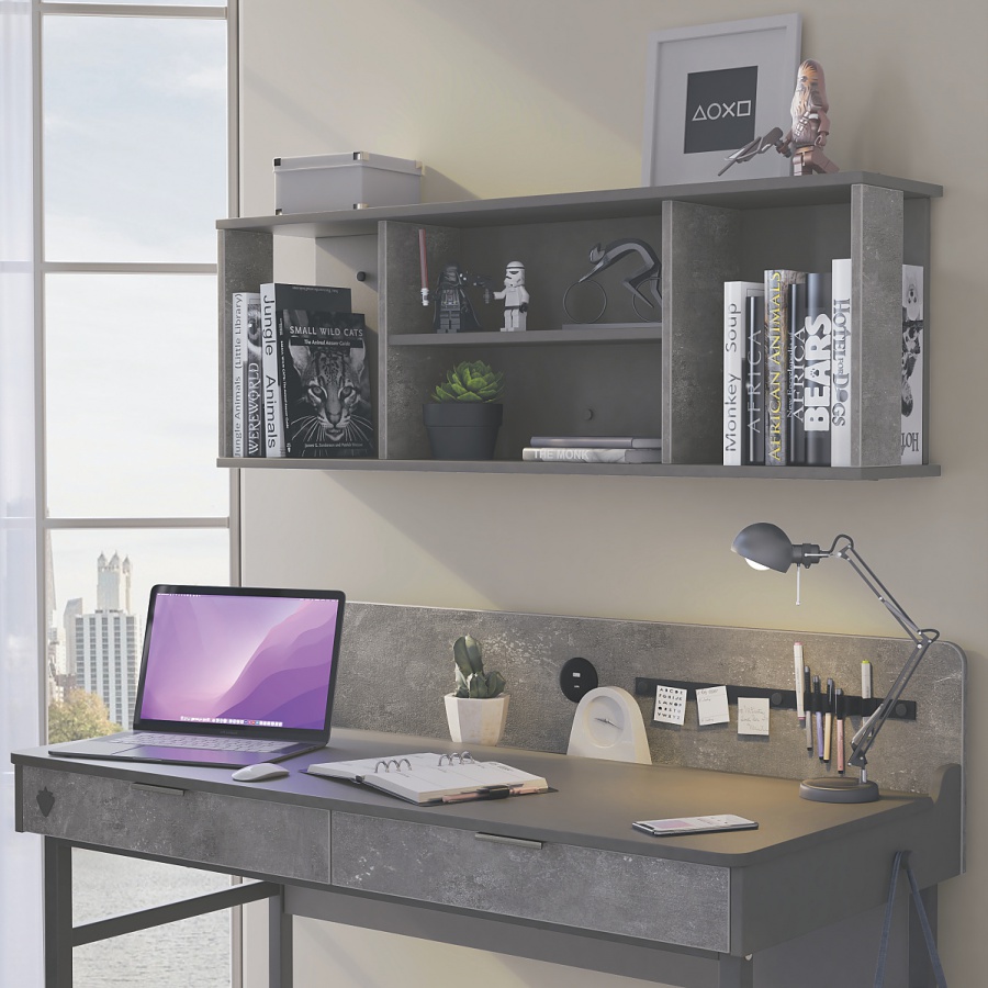 Študijný kút pluto - šedá/čierna.

 

Knižnica má atraktívny dizajn, ktorý je spestrený tým, že bočné dosky nepokrývajú celú hĺbku.

 

Písací stôl je veľmi múdro riešený a poskytuje mladému študentovi špičkové zázemie.

 

Široká polica je ideálnou voľbou nielen do študentských izieb a pracovní, ale veľkú parádu urobí aj v predsieni či obývačke.

 

Študijný kút sa skladá z týchto prvkov:


	Knižnica Pluto - 52x180x32cm (š, v, h)
	Písací stôl s nástavcom a USB portom Pluto - 128,2x96x61cm (š, v, h)
	Široká polica Pluto - 114x39x21cm (š, v, h)


 

Všetky produkty z kolekcie Pluto nájdete nižšie v súvisiacich produktoch.