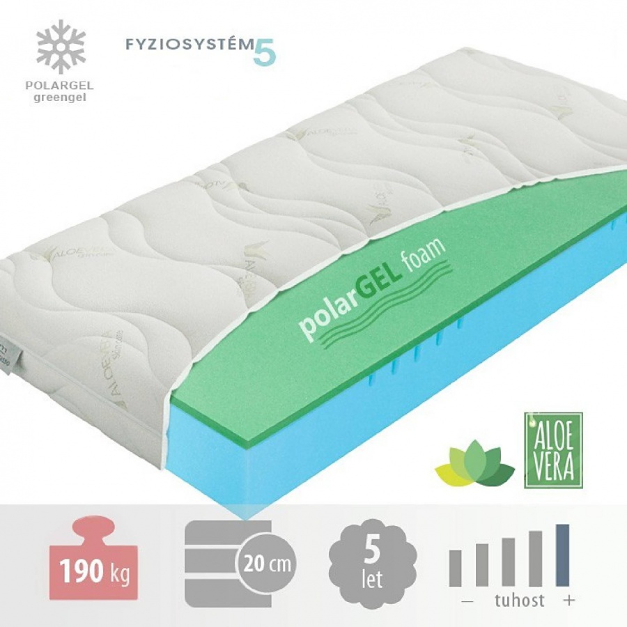Matrac polargel superior - studená pena - výber rozmeru.

Tuhosť: T5 - extra tvrdá

Matrace sú vhodné na lamelový rošt.

 

Pena ELIOCELL
Jej zloženie zaručuje dobré kopírovacie vlastnosti a pevnosť.
KOMFORTNÁ PENA je nový vývojový stupeň vychádzajúci z ELIOCELL pien, ktorý pri zachovaní dlhej životnosti poskytuje o poznanie vyšší stupeň komfortu.

 

Pena GREENGEL, POLARGEL
Z výskumu koloidných systémov sa zrodili peny Polargel a Greengel.

 

Poťah ALOE VERA relaxačné účinky
Je materiál, ktorý vďaka obsahu enzýmov, aminokyselín a minerálnych látok umožňuje našej koži rýchlejšie regenerovať a dokonca aj pomáha liečiť ľahšie poranenia pokožky.
Poťah ALOE VERA prešitý s PES vláknom - gramáž 300 g/m2.

 

Pri výbere matraca zakliknite požadovaný rozmer.

 

U matrací širších 160cm, a také matrací všech atypických rozměrů, jsme nuceni požadovat od zákazníka zálohu ve výši 20% z ceny.