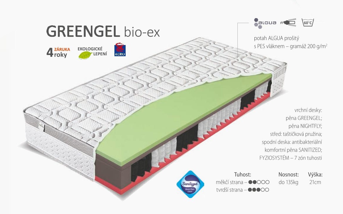Matrac greengel bio-ex - pružinová - výber rozmeru.

 

Matrac má antibakteriálnu penu, ktorá chráni pred baktériami a plesňami, dokáže tiež ochrániť penu pred nepríjemným zápachom, ktoré tieto organizmy spôsobujú.

V poťahu Algua sú v kapsuliach výťažky z morských rias.

FYZIOSYSTÉM – 7 zón rozloženia tuhosti.

 

 

U matracov širších 160cm, a tiež matracov všetkých atypických rozmerov, sme nútení požadovať od zákazníka zálohu vo výške 20% z ceny.