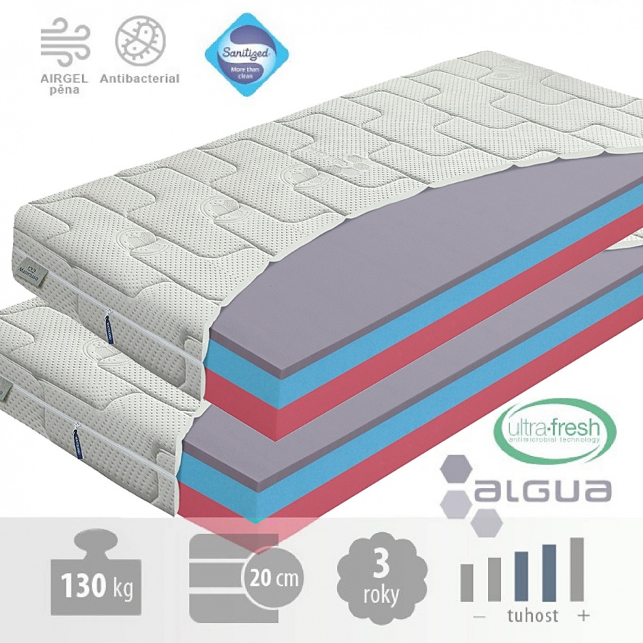 Matrac airgel comfort 1+1 zdarma - výber rozmeru.

Ide o matrac s vynikajúcim pomerom „výkon/cena“.

Pri zdravotných problémoch Bolesti krížov

 

Jadro matraca:


	vrchná doska: pena AIRGEL;
	stredný profil: mäkčená ELIOCELL pena hustoty 28 kg/m3;
	spodný profil: antibakteriálna komfortná pena



Dve strany tuhosti: T3 - stredná tvrdosť a T4 - tvrdá z 5 bodovej stupnice tvrdosti

 

Pena AIRGEL
Pena výnimočná svojou prispôsobivosťou a štruktúrou veľkých buniek.

 

Pena ELIOCELL
Jej zloženie zaručuje dobré kopírovacie vlastnosti a pevnosť.
KOMFORTNÁ PENA je nový vývojový stupeň vychádzajúci z ELIOCELL pien, ktorý pri zachovaní dlhej životnosti poskytuje o poznanie vyšší stupeň komfortu.

 

ANTIBAKTERIÁLNA PENA SANITIZED
Chráni pred hubami a plesňami a navyše dokáže ochrániť penu pred nepríjemným zápachom spôsobeným týmito organizmami.

 

Poťah ALGUA - V poťahu sú v mikrokapsulách naviazané výťažky z morských rias Spirulina, ktoré obsahujú 11 prírodných vitamínov, 10 minerálov, 18 aminokyselín, 3 mastné kyseliny, beta-karotén, železo a množstvo antioxidantov a proteínov.

 

Matrace je v akcii 1+1 zadarmo - do košíka vložte 1 kus a budú Vám doručené 2 kusy.

 

Pri výbere matraca zakliknite požadovaný rozmer.

 

U matracov širších 160cm, a tiež matracov všetkých atypických rozmerov, sme nútení požadovať od zákazníka zálohu vo výške 20% z ceny.