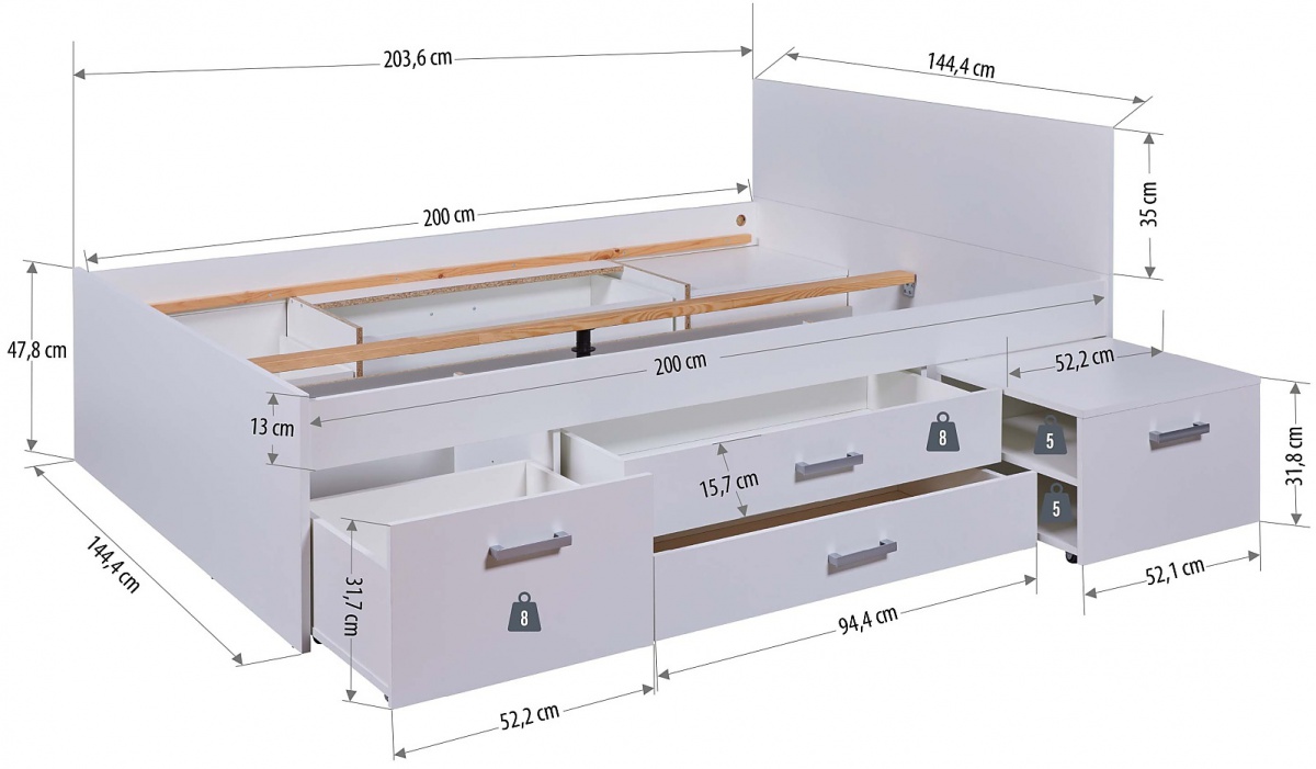 Manželská posteľ 140x200cm s výsuvnými nočnými stolíkmi a úložným.

 

Rozmery manželskej postele 140x200cm s výsuvnými nočnými stolíkmi a úložným priestorom Skye sú 144,4x83,3x205,4cm (š, v, h).

 

Všetky produkty z kolekcie Skye nájdete nižšie v súvisiacich produktoch.