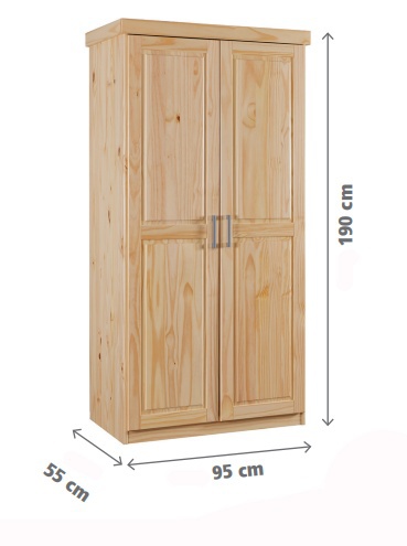 Dvojdverová šatníková skriňa z masívu guliver - borovica.

 

Dvojdverová šatníková skriňa ponúkne všetko, čo od nej žiadate.

 

Rozmery dvojdverovej šatníkovej skrine Guliver sú 95x190x55cm (š, v, h).

 

Všetky produkty z kolekcie Guliver nájdete nižšie v súvisiacich produktoch.