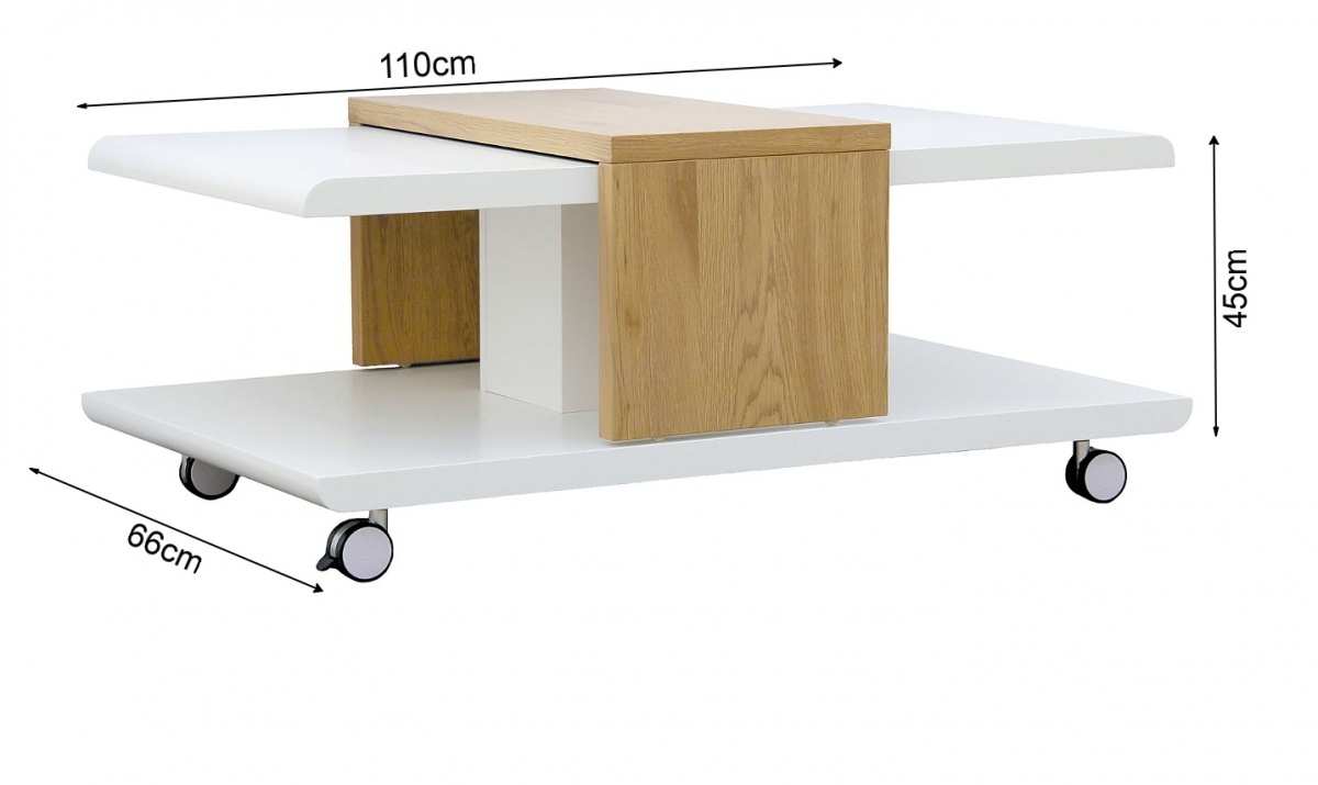 Konferenčný stolík na kolieskach tybalt - biela/dub.

 

Rozmery konferenčného stolíka na kolieskach Tybalt sú 110x45x66cm (š, v, h).

 

Ďalšie konferenčné stolíky od rovnakého výrobcu nájdete nižšie v súvisiacich produktoch.