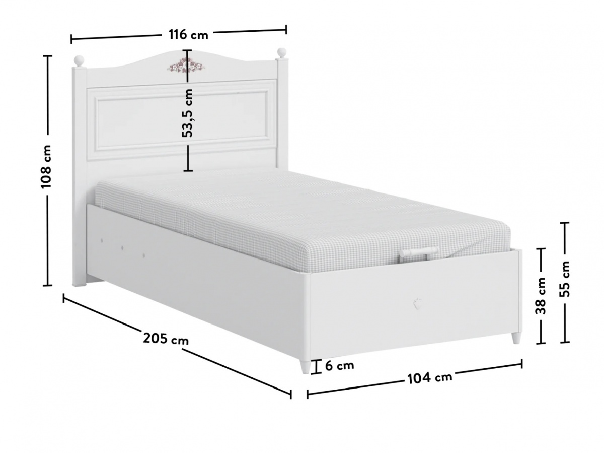Detská posteľ 100x200cm ballerina - biela.

 

Vyvýšené nohy a prieduchy v úložnom priestore navyše zaistia že posteľ zostáva neustále vetraná a umožňuje aj ľahšiu údržbu.

 

Rozmery detskej postele 100x200cm Ballerina sú 116x108x204cm (š, v, h).

 

Všetok nábytok patriaci do kolekcie Ballerina nájdete nižšie v súvisiacich produktoch.