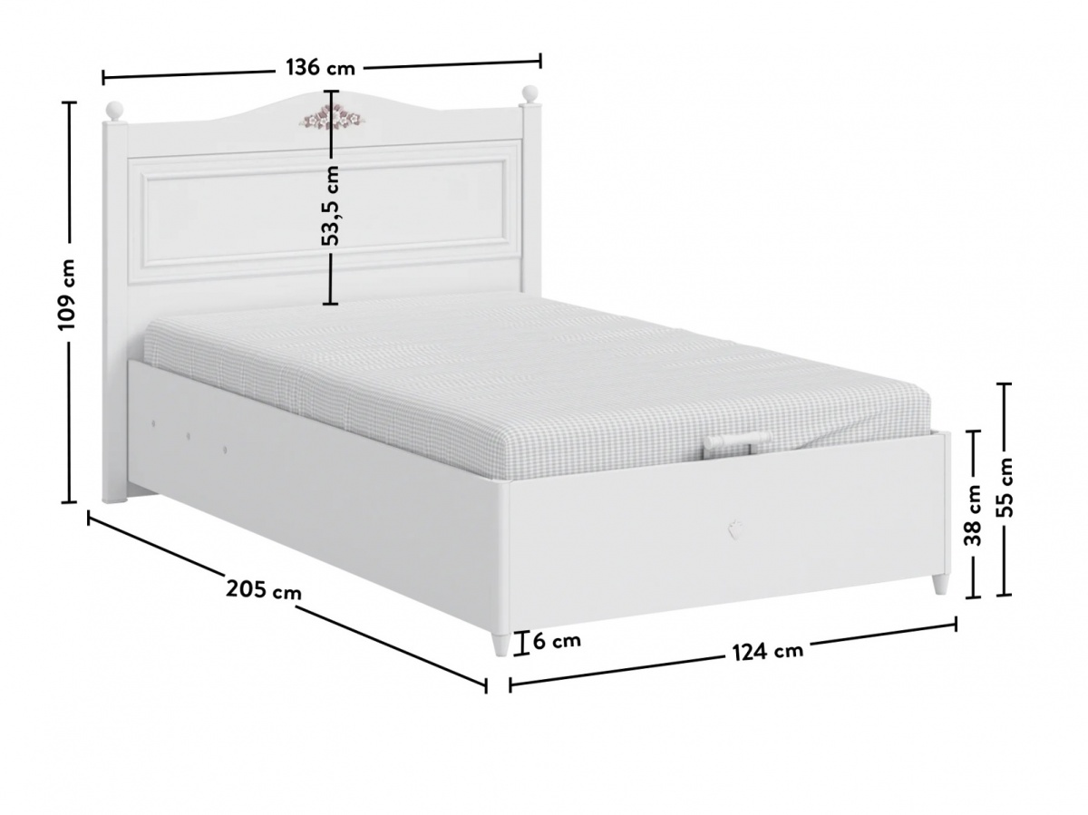 Detská posteľ 120x200cm ballerina - biela.

 

Vyvýšené nohy a prieduchy v úložnom priestore navyše zaistia že posteľ zostáva neustále vetraná a umožňuje aj ľahšiu údržbu.

 

Rozmery detskej postele 120x200cm Ballerina sú 136x108x204cm (š, v, h).

 

Všetok nábytok patriaci do kolekcie Ballerina nájdete nižšie v súvisiacich produktoch.