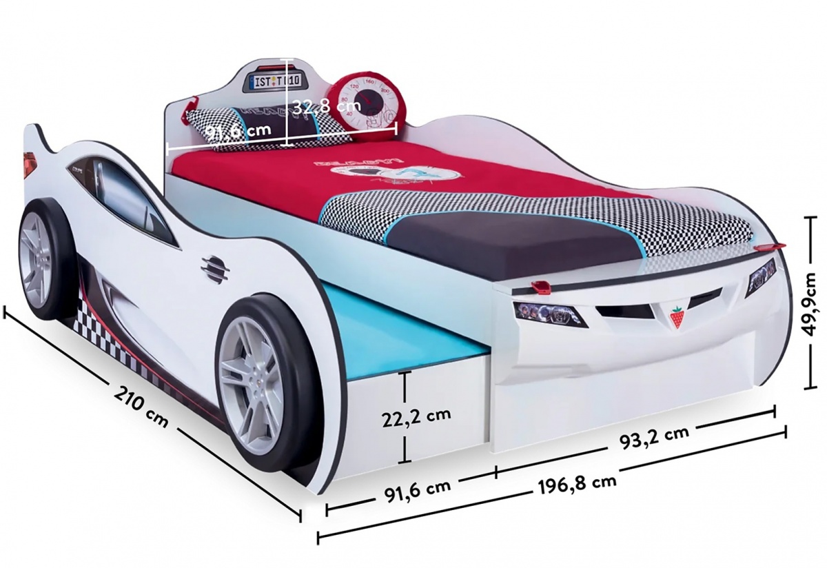 Detská posteľ auto super s prístelkou 90x190cm - biela.

 

Posteľ disponuje poistkou proti samovoľnému otvoreniu prístelky, ktorú je možné nainštalovať z ľavej i pravej strany postele, podľa toho, ako vám rozmiestnenie nábytku v miestnosti dovolí.

 

Použitý materiál postele je kvalitné lamino, tvarované časti sú potom z termoplastu. Posteľ dodávame vrátane kvalitných dierovaných roštov, súčasne ako pre hlavné posteľ, tak pre prístelku. Matrace nie sú v cene postele, ale z nášho sortimentu vám môžeme pre hlavné lôžko odporučiť matrace v rozmeroch 90x190cm, a pre prístelku matrac v rozmeroch 90x180cm.

 

Rozmery postele auto SUPER s prístelkou sú 107x82x209cm (š, v, h), ložná plocha postele je 90x190cm, posteľná plocha prístelky je 90x180cm

 

K posteli v tvare auta odporúčame nábytok z kolekcie Rally, ktorý nájdete nižšie v súvisiacich produktoch.

 



 

 