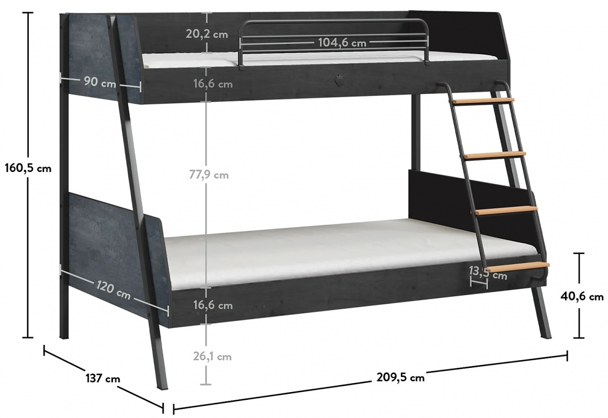 Študentská poschodová posteľ 90x200-120x200 nebula - čierna/sivá.

 

Voľný priestor pod posteľou v kombinácii s odvetrávacími otvormi v rošte postele prispievajú k lepšej cirkulácii vzduchu.

 

Rozmery poschodové postele Nebula sú 137x160x209cm (š, v, h).

 

Všetok nábytok patriaci do kolekcie Nebula nájdete nižšie v súvisiacich produktoch.