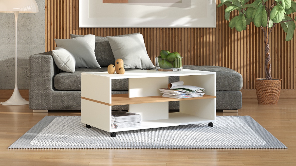 Konferenčný stolík na kolieskach ruth - biela/dub artisan.

 

Rozmery konferenčného stolíka na kolieskach Ruth sú 101x47,5x54,5cm (š, v, h).

 

Všetky produkty z kolekcie Ruth nájdete nižšie v súvisiacich produktoch.