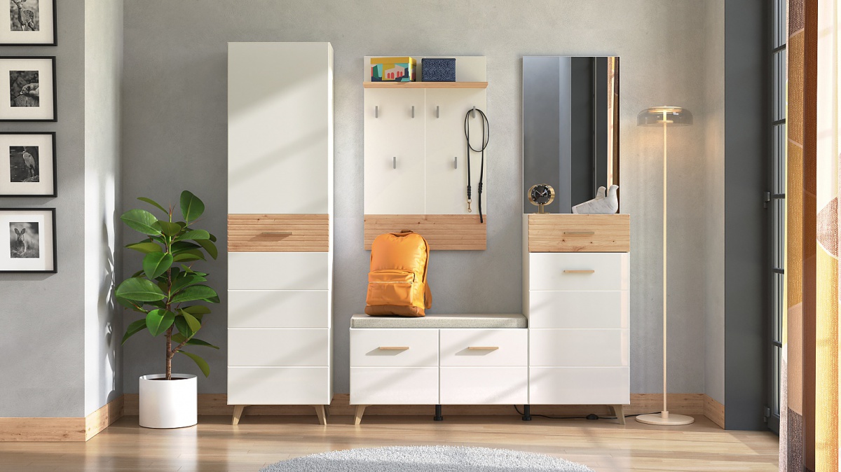 Predsieňová zostava jett - biela/dub artisan.

 

Priestranná predsieňová zostava ich Vás poteší svojim úložným priestorom, ale navyše dotiahne dizajn predsiene k dokonalosti.

 

Predsieňová zostava sa skladá z týchto prvkov:


	Predsieňová stena Jett - 141x189,5x35cm (š, v, h)
	Predsieňová skrinka Jett - 51,5x193x35cm (š, v, h)


 

Všetky produkty z kolekcie Jett nájdete nižšie v súvisiacich produktoch.