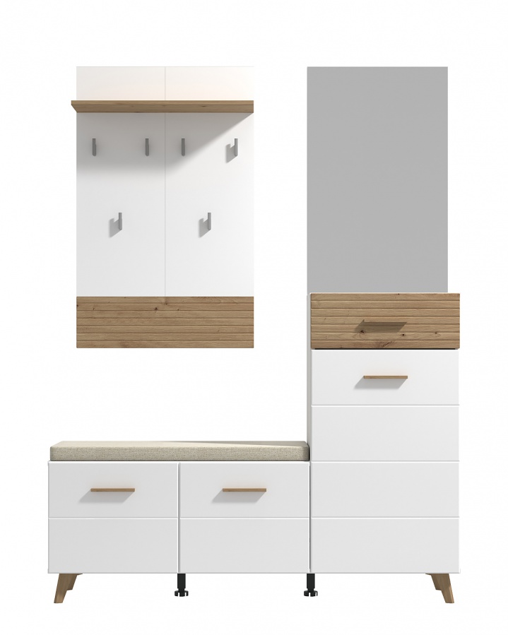 Predsieňová zostava jett - biela/dub artisan.

 

Priestranná predsieňová zostava ich Vás poteší svojim úložným priestorom, ale navyše dotiahne dizajn predsiene k dokonalosti.

 

Predsieňová zostava sa skladá z týchto prvkov:


	Predsieňová stena Jett - 141x189,5x35cm (š, v, h)
	Predsieňová skrinka Jett - 51,5x193x35cm (š, v, h)


 

Všetky produkty z kolekcie Jett nájdete nižšie v súvisiacich produktoch.