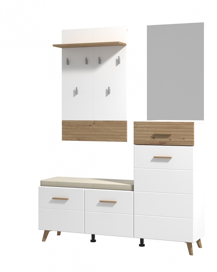 Predsieňová zostava jett - biela/dub artisan.

 

Priestranná predsieňová zostava ich Vás poteší svojim úložným priestorom, ale navyše dotiahne dizajn predsiene k dokonalosti.

 

Predsieňová zostava sa skladá z týchto prvkov:


	Predsieňová stena Jett - 141x189,5x35cm (š, v, h)
	Predsieňová skrinka Jett - 51,5x193x35cm (š, v, h)


 

Všetky produkty z kolekcie Jett nájdete nižšie v súvisiacich produktoch.