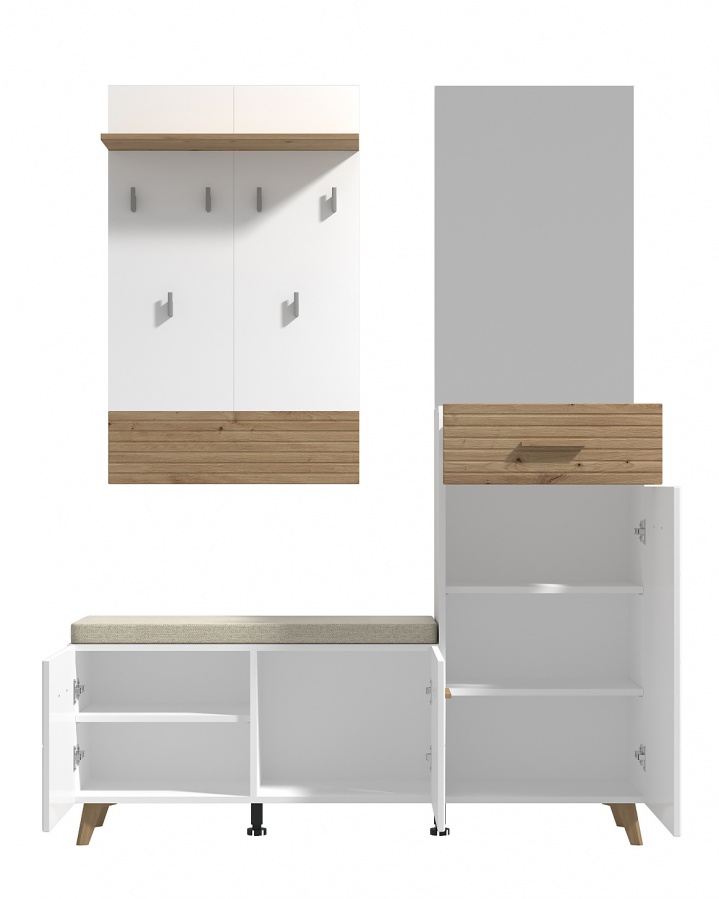 Predsieňová zostava jett - biela/dub artisan.

 

Priestranná predsieňová zostava ich Vás poteší svojim úložným priestorom, ale navyše dotiahne dizajn predsiene k dokonalosti.

 

Predsieňová zostava sa skladá z týchto prvkov:


	Predsieňová stena Jett - 141x189,5x35cm (š, v, h)
	Predsieňová skrinka Jett - 51,5x193x35cm (š, v, h)


 

Všetky produkty z kolekcie Jett nájdete nižšie v súvisiacich produktoch.