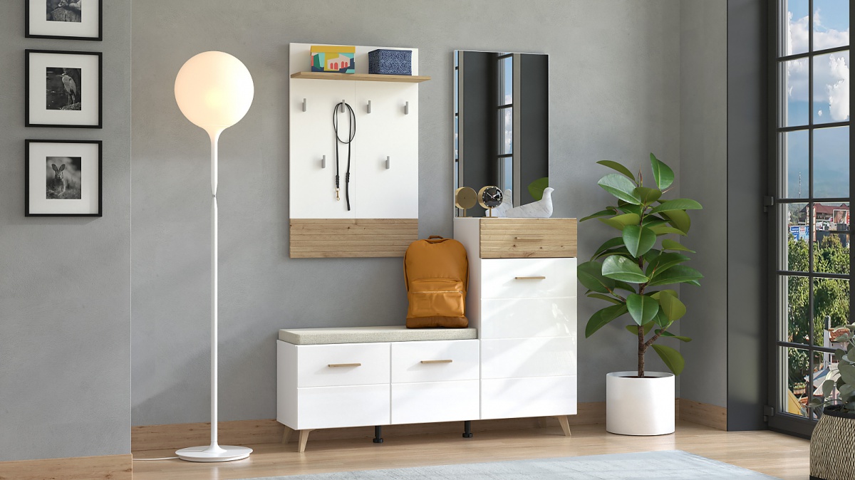 Predsieňová zostava jett - biela/dub artisan.

 

Priestranná predsieňová zostava ich Vás poteší svojim úložným priestorom, ale navyše dotiahne dizajn predsiene k dokonalosti.

 

Predsieňová zostava sa skladá z týchto prvkov:


	Predsieňová stena Jett - 141x189,5x35cm (š, v, h)
	Predsieňová skrinka Jett - 51,5x193x35cm (š, v, h)


 

Všetky produkty z kolekcie Jett nájdete nižšie v súvisiacich produktoch.