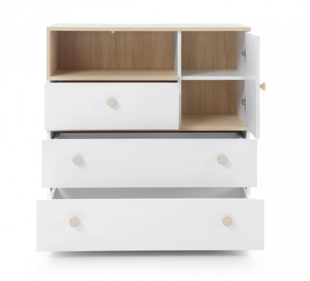 Detská izba vicki - biela, dub biscuit.

1.
Preč s chaosom a neporiadkom!

2.
Zabudnite na preplnené skrine a neusporiadané poličky.

3.
Máte doma malého zberateľa kníh alebo hrdého majiteľa stavebníc?

4.
Kombinácia čistej bielej farby s prírodnými tónmi dreva v odtieni "dub biscuit" sa hodí do akéhokoľvek interiéru.

Možnosť dokúpenia prebaľovacieho pultu.

 

 

Rozmery produktov detskej izby:

šatníková skriňa Vicki 90x195x50cm (š, v, h).

komoda Vicky 90x90x40cm (š, v, h).

široký regál 45x165x40cm (š, v, h).

hnihovna Vicki  45x165x40cm (š, v, h).

 

 

Jednotlivé produkty tejto obývacej steny Vicki a nábytok z kolekcie Vicki nájdete nižšie v súvisiacich produktoch.