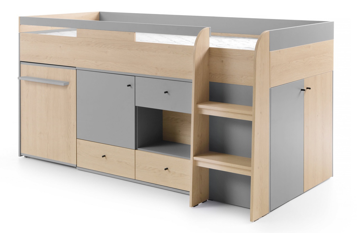 Multifunkčná poschodová posteľ baxter - šedá, dub biscuit.

Váš pokoj teraz môže byť dokonalým miestom pre učenie, odpočinok aj organizáciu.

Tri zásuvky a dve skrinky (jedna dokonca dvojdverová) vám poskytujú dostatok úložného priestoru pre oblečenie, knihy, elektroniku alebo čokoľvek, čo potrebujete upratať.

Barvy šedá a dub biscuit.

Nosnosť až 100 kg znamená, že táto posteľ nie je len pre deti alebo mladých študentov.

Posteľ dodávame bez matraca a je nutné ho dokúpiť, v prípade doskového roštu odporúčame zvoliť matrac  pružinový, latexový či penový  s lepším odvetrávaním.

Rozmer posteľnej plohy je 90x200cm

 

 

 

Rozmery študentskej postele sú 115,5-191x106x204cm (š, v, h).

 

 

 

Všetok nábytok patriaci do kolekcie Baxter nájdete nižšie v súvisiacich produktoch.