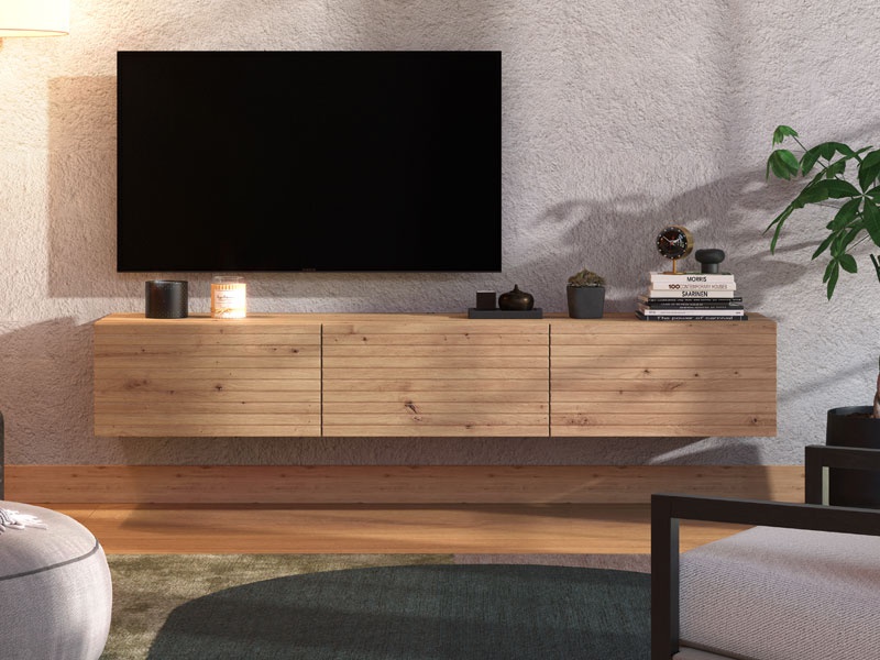 Závesný tv stolík 192 cm raffe - dub artisan.

 

Stolík je vyrobený z kvalitných materiálov, medzi ktoré patrí lamino (LTD) o hrúbke 16 mm, HDF dosky (sololit) o hrúbke 3 mm (na zadnej strane), ABS hrana, MDF doska (dvierka) a kovové spojovacie prvky.

 

*ABS hrany = prúžky slúžiace na olepenie a ochranu hrán nábytkových dosiek
*MDF doska = ľahko opracovateľný drevovláknitý materiál so širokým spektrom možných úprav využívaný napr.

 

Výhody:


	Moderný a elegantný dizajn vhodný do akéhokoľvek interiéru.
	Praktický úložný priestor pre organizáciu vašich multimediálnych zariadení.
	Kvalitné materiály zaisťujúce dlhú životnosť.
	Jednoduchá montáž vďaka priloženému príslušenstvu a montážnym prvkom.
	Možnosť podsvietenia.


Ak hľadáte ideálny doplnok do obývacej izby, TV stolík Raffe je tou správnou voľbou.

 

Rozmery TV stolíka Raffe sú 192x32x41,5cm (š, v, h).

 

Ďalšie TV stolíky nájdete nižšie v súvisiacich produktoch.