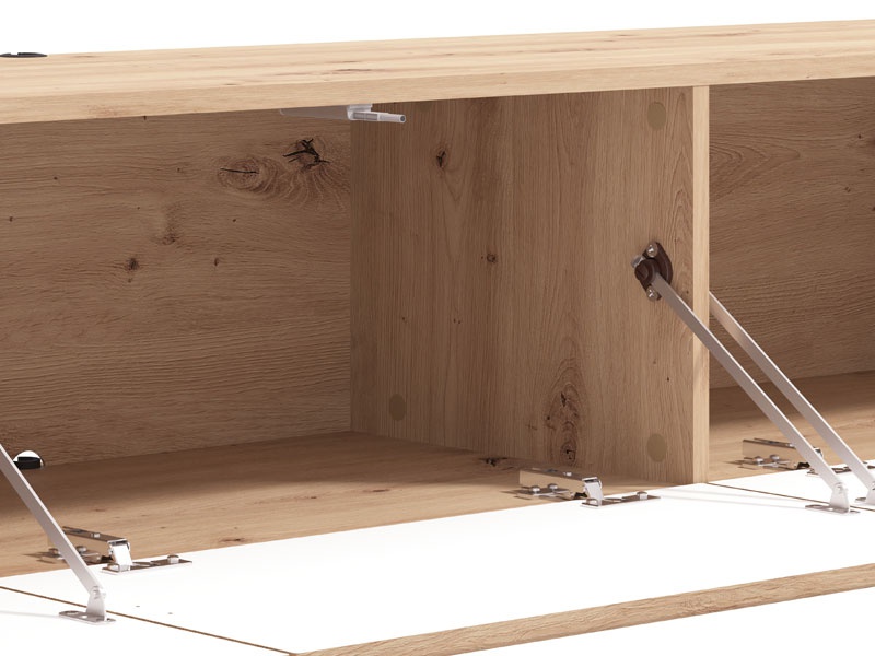 Závesný tv stolík 192 cm raffe - dub artisan.

 

Stolík je vyrobený z kvalitných materiálov, medzi ktoré patrí lamino (LTD) o hrúbke 16 mm, HDF dosky (sololit) o hrúbke 3 mm (na zadnej strane), ABS hrana, MDF doska (dvierka) a kovové spojovacie prvky.

 

*ABS hrany = prúžky slúžiace na olepenie a ochranu hrán nábytkových dosiek
*MDF doska = ľahko opracovateľný drevovláknitý materiál so širokým spektrom možných úprav využívaný napr.

 

Výhody:


	Moderný a elegantný dizajn vhodný do akéhokoľvek interiéru.
	Praktický úložný priestor pre organizáciu vašich multimediálnych zariadení.
	Kvalitné materiály zaisťujúce dlhú životnosť.
	Jednoduchá montáž vďaka priloženému príslušenstvu a montážnym prvkom.
	Možnosť podsvietenia.


Ak hľadáte ideálny doplnok do obývacej izby, TV stolík Raffe je tou správnou voľbou.

 

Rozmery TV stolíka Raffe sú 192x32x41,5cm (š, v, h).

 

Ďalšie TV stolíky nájdete nižšie v súvisiacich produktoch.