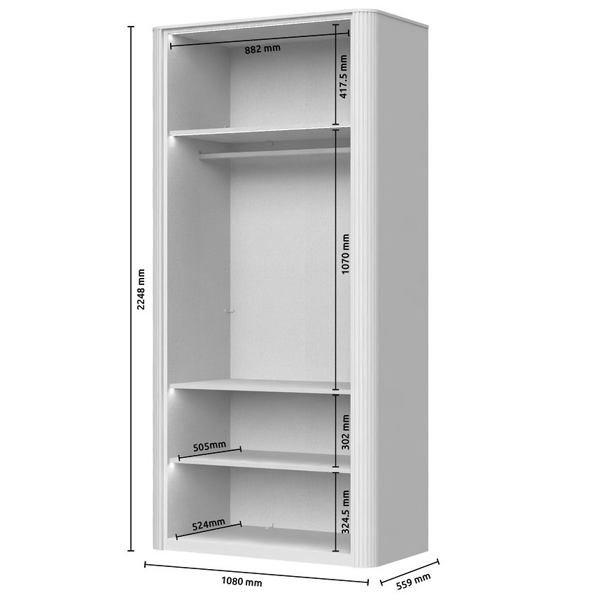 Dvojdverová šatníková skriňa s osvetlením renfri - kašmír.

 

Interiér skrine je premyslený do posledného detailu; ponúka textilný dekor a police s integrovaným LED osvetlením, ktoré elegantne vystavia vaše obľúbené kúsky.

 

Renfri nie je len šatníková skriňa; je to dizajnový prvok, ktorý harmonicky spája vzhľad s praktickými detailmi pre každodenný komfort.

 

Skriňu ľahko zladíte s ďalšími prvkami kolekcie Renfri a vytvoríte harmonický celok v jednotnom kašmírovom odtieni s akcentom Midnight Copper.

 

Rozmery šatníkovej skrine Renfri sú 108x225x56cm (š,v,h)

 

Ďalší nábytok z kolekcie Renfri nájdete v súvisiacich produktoch.