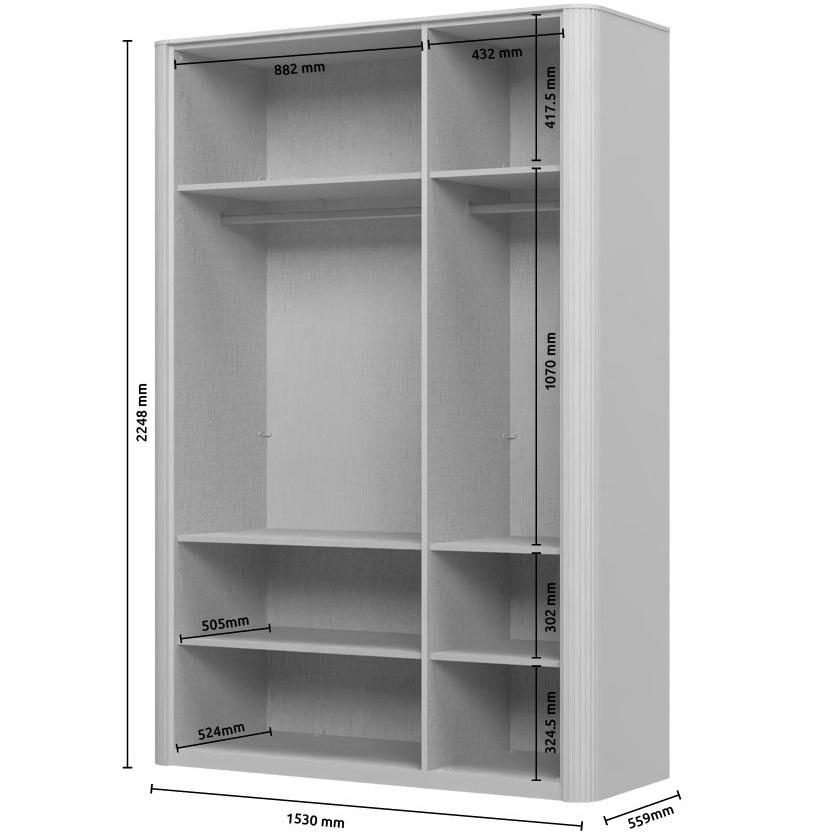 Trojdverová šatníková skriňa renfri - kašmír.

 

Interiér skrine je premyslený do posledného detailu a štýlizovaný do textilného dekoru.

 

Renfri nie je len šatníková skriňa; je to dizajnový prvok, ktorý harmonicky spája vzhľad s praktickými detailmi pre každodenný komfort.

 

Skriňu ľahko zladíte s ďalšími prvkami kolekcie Renfri a vytvoríte harmonický celok v jednotnom kašmírovom odtieni s akcentom Midnight Copper.

 

Rozmery šatníkovej skrine Renfri sú 153x225x56cm (š,v,h)

 

Ďalší nábytok z kolekcie Renfri nájdete v súvisiacich produktoch.