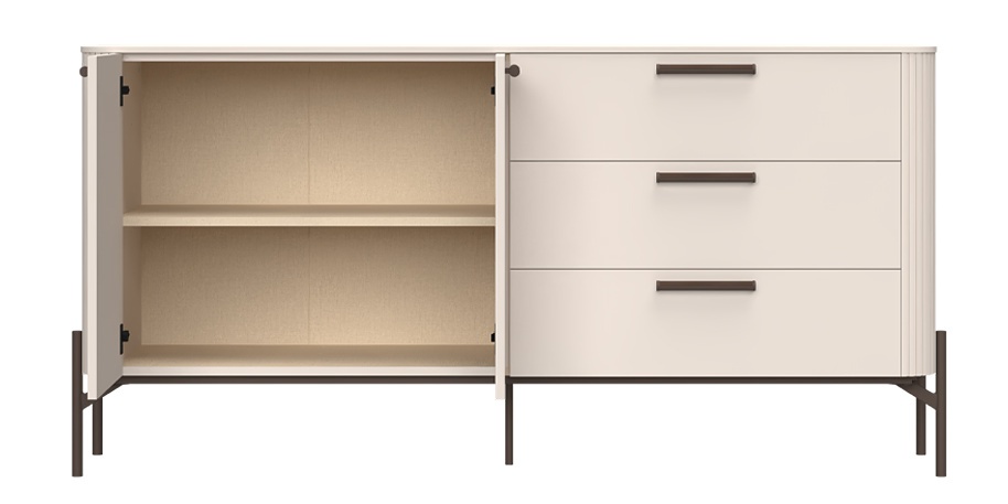 Kombinovaná komoda renfri - kašmír.

 

Kašmírový dekor s UV matným lakom a jemnými textúrami dodáva komode sofistikovaný vzhľad, zatiaľ čo kovové úchytky a nohy v dekore Midnight Copper prispievajú k modernému dizajnu a zabezpečujú stabilitu.

 

Vnútorný priestor v podobe troch zásuviek a dvoch políc je nielen funkčný, ale aj esteticky spracovaný textilným dekorom, ktorý pridáva jemný dotyk luxusu.

 

Rozmery tejto komody sú 180x91x46 cm (š, v, h).

 

Ďalší nábytok z kolekcie Renfri nájdete v súvisiacich produktoch.