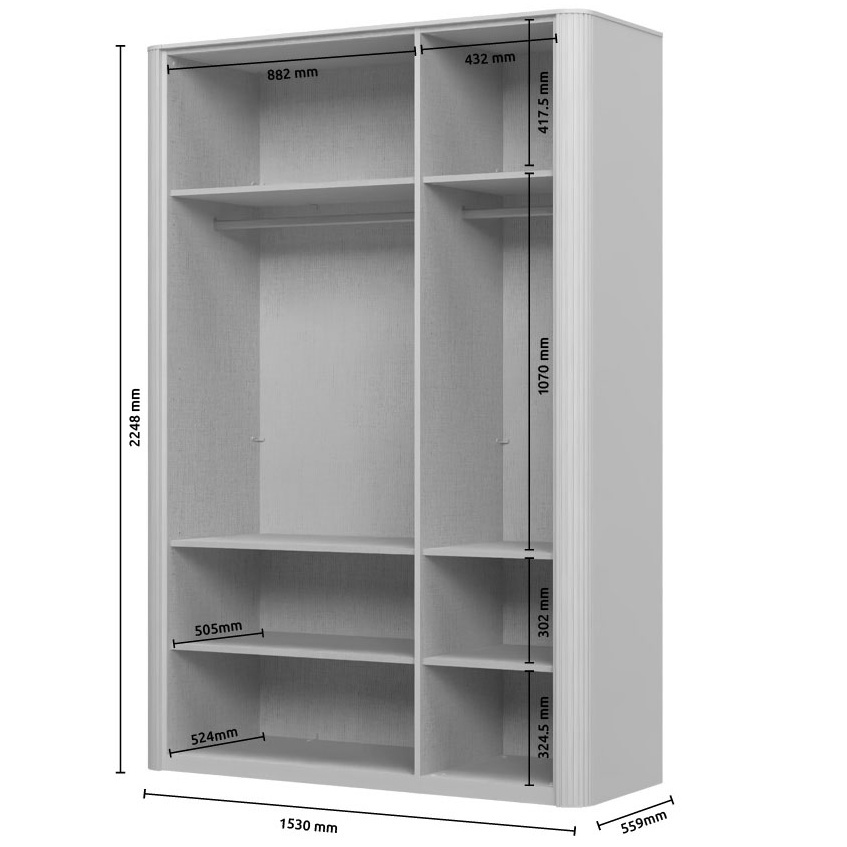 Trojdverová šatníková skriňa s osvetlením a presklenými dverami renfri.

 

Interiér skrine je premyslený do posledného detailu; ponúka textilný dekor a police s integrovaným osvetlením, ktoré elegantne vystavia vaše obľúbené kúsky. Vnútorné LED osvetlenie rovnomerne presvetľuje celú skriňu, čo vám umožní ľahko nájsť, čo hľadáte, aj bez rozsvietenia hlavného svetla.

 

Renfri nie je len šatníková skriňa; je to dizajnový prvok, ktorý harmonicky spája vzhľad s praktickými detailmi pre každodenný komfort. Jemný mat v kašmírovej farbe pôsobí nadčasovo, zatiaľ čo hnedé sklo a kovové úchytky pridávajú nádych intimity a vizuálnej čistoty. LED osvetlenie potom podčiarkuje atmosféru spálne.

 

Skriňu ľahko zladíte s ďalšími prvkami kolekcie Renfri a vytvoríte harmonický celok v jednotnom kašmírovom odtieni s akcentom Midnight Copper.

 

Rozmery šatníkovej skrine Renfri sú 153x225x56cm (š,v,h).

 

Ďalší nábytok z kolekcie Renfri nájdete v súvisiacich produktoch.