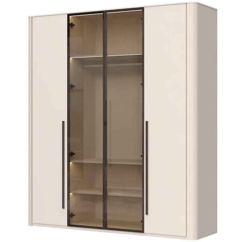 Štvordverová šatníková skriňa s osvetlením a dvomi presklenými dverami.

 

Interiér skrine je premyslený do posledného detailu; ponúka textilný dekor a police s integrovaným osvetlením, ktoré elegantne vystavia vaše obľúbené kúsky. Vnútorné LED osvetlenie rovnomerne presvetľuje celú skriňu, čo vám umožní ľahko nájsť, čo hľadáte, aj bez rozsvietenia hlavného svetla.

 

Renfri nie je len šatníková skriňa; je to dizajnový prvok, ktorý harmonicky prepája vzhľad s praktickými detailmi pre každodenný komfort. Jemný mat v kašmírovej farbe pôsobí nadčasovo, zatiaľ čo hnedé sklo a kovové úchytky s imitáciou kože pridávajú nádych intimity a vizuálnej čistoty. LED osvetlenie potom podčiarkuje atmosféru spálne.

 

Skriňu ľahko zladíte s ďalšími prvkami kolekcie Renfri a vytvoríte harmonický celok v jednotnom kašmírovom odtieni s akcentom Midnight Copper.

 

Rozmery šatníkovej skrine Renfri sú 198x225x56cm (š,v,h).

 

Ďalší nábytok z kolekcie Renfri nájdete v súvisiacich produktoch.