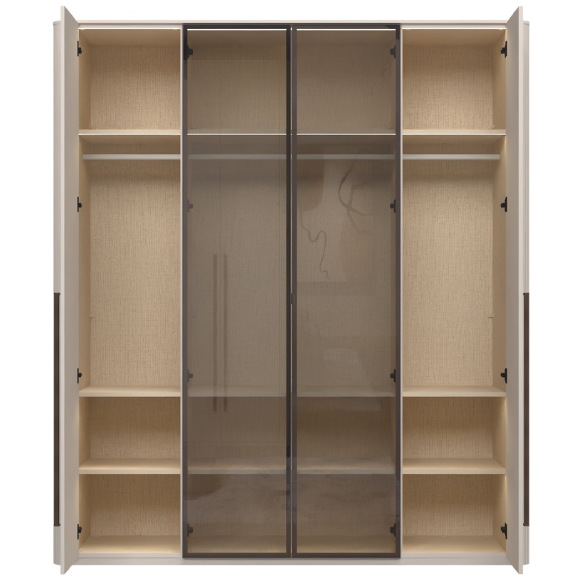 Štvordverová šatníková skriňa s osvetlením a dvomi presklenými dverami.

 

Interiér skrine je premyslený do posledného detailu; ponúka textilný dekor a police s integrovaným osvetlením, ktoré elegantne vystavia vaše obľúbené kúsky. Vnútorné LED osvetlenie rovnomerne presvetľuje celú skriňu, čo vám umožní ľahko nájsť, čo hľadáte, aj bez rozsvietenia hlavného svetla.

 

Renfri nie je len šatníková skriňa; je to dizajnový prvok, ktorý harmonicky prepája vzhľad s praktickými detailmi pre každodenný komfort. Jemný mat v kašmírovej farbe pôsobí nadčasovo, zatiaľ čo hnedé sklo a kovové úchytky s imitáciou kože pridávajú nádych intimity a vizuálnej čistoty. LED osvetlenie potom podčiarkuje atmosféru spálne.

 

Skriňu ľahko zladíte s ďalšími prvkami kolekcie Renfri a vytvoríte harmonický celok v jednotnom kašmírovom odtieni s akcentom Midnight Copper.

 

Rozmery šatníkovej skrine Renfri sú 198x225x56cm (š,v,h).

 

Ďalší nábytok z kolekcie Renfri nájdete v súvisiacich produktoch.