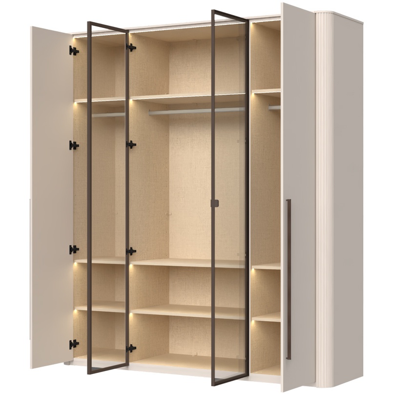 Štvordverová šatníková skriňa s osvetlením a dvomi presklenými dverami.

 

Interiér skrine je premyslený do posledného detailu; ponúka textilný dekor a police s integrovaným osvetlením, ktoré elegantne vystavia vaše obľúbené kúsky. Vnútorné LED osvetlenie rovnomerne presvetľuje celú skriňu, čo vám umožní ľahko nájsť, čo hľadáte, aj bez rozsvietenia hlavného svetla.

 

Renfri nie je len šatníková skriňa; je to dizajnový prvok, ktorý harmonicky prepája vzhľad s praktickými detailmi pre každodenný komfort. Jemný mat v kašmírovej farbe pôsobí nadčasovo, zatiaľ čo hnedé sklo a kovové úchytky s imitáciou kože pridávajú nádych intimity a vizuálnej čistoty. LED osvetlenie potom podčiarkuje atmosféru spálne.

 

Skriňu ľahko zladíte s ďalšími prvkami kolekcie Renfri a vytvoríte harmonický celok v jednotnom kašmírovom odtieni s akcentom Midnight Copper.

 

Rozmery šatníkovej skrine Renfri sú 198x225x56cm (š,v,h).

 

Ďalší nábytok z kolekcie Renfri nájdete v súvisiacich produktoch.