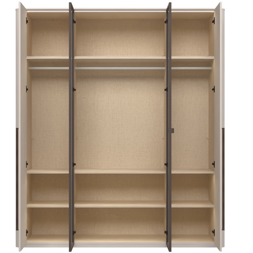 Štvordverová šatníková skriňa s osvetlením a dvomi presklenými dverami.

 

Interiér skrine je premyslený do posledného detailu; ponúka textilný dekor a police s integrovaným osvetlením, ktoré elegantne vystavia vaše obľúbené kúsky. Vnútorné LED osvetlenie rovnomerne presvetľuje celú skriňu, čo vám umožní ľahko nájsť, čo hľadáte, aj bez rozsvietenia hlavného svetla.

 

Renfri nie je len šatníková skriňa; je to dizajnový prvok, ktorý harmonicky prepája vzhľad s praktickými detailmi pre každodenný komfort. Jemný mat v kašmírovej farbe pôsobí nadčasovo, zatiaľ čo hnedé sklo a kovové úchytky s imitáciou kože pridávajú nádych intimity a vizuálnej čistoty. LED osvetlenie potom podčiarkuje atmosféru spálne.

 

Skriňu ľahko zladíte s ďalšími prvkami kolekcie Renfri a vytvoríte harmonický celok v jednotnom kašmírovom odtieni s akcentom Midnight Copper.

 

Rozmery šatníkovej skrine Renfri sú 198x225x56cm (š,v,h).

 

Ďalší nábytok z kolekcie Renfri nájdete v súvisiacich produktoch.