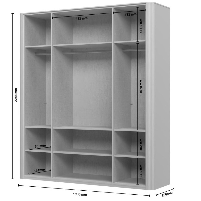 Štvordverová šatníková skriňa s osvetlením a dvomi presklenými dverami.

 

Interiér skrine je premyslený do posledného detailu; ponúka textilný dekor a police s integrovaným osvetlením, ktoré elegantne vystavia vaše obľúbené kúsky. Vnútorné LED osvetlenie rovnomerne presvetľuje celú skriňu, čo vám umožní ľahko nájsť, čo hľadáte, aj bez rozsvietenia hlavného svetla.

 

Renfri nie je len šatníková skriňa; je to dizajnový prvok, ktorý harmonicky prepája vzhľad s praktickými detailmi pre každodenný komfort. Jemný mat v kašmírovej farbe pôsobí nadčasovo, zatiaľ čo hnedé sklo a kovové úchytky s imitáciou kože pridávajú nádych intimity a vizuálnej čistoty. LED osvetlenie potom podčiarkuje atmosféru spálne.

 

Skriňu ľahko zladíte s ďalšími prvkami kolekcie Renfri a vytvoríte harmonický celok v jednotnom kašmírovom odtieni s akcentom Midnight Copper.

 

Rozmery šatníkovej skrine Renfri sú 198x225x56cm (š,v,h).

 

Ďalší nábytok z kolekcie Renfri nájdete v súvisiacich produktoch.