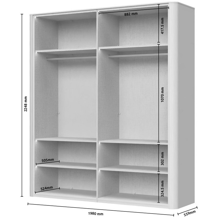 Štvordverová šatníková skriňa so zrkadlom renfri - kašmír.

 

Interiér skrine je premyslený do posledného detailu a štýlizovaný do textilného dekoru.

 

Renfri nie je len šatníková skriňa; je to dizajnový prvok, ktorý harmonicky prepája vzhľad s praktickými detailmi pre každodenný komfort.

 

Skriňu ľahko zladíte s ďalšími prvkami kolekcie Renfri a vytvoríte harmonický celok v jednotnom kašmírovom odtieni s akcentom Midnight Copper.

 

Rozmery šatníkovej skrine Renfri sú 198x225x56cm (š,v,h)

 

Ďalší nábytok z kolekcie Renfri nájdete v súvisiacich produktoch.