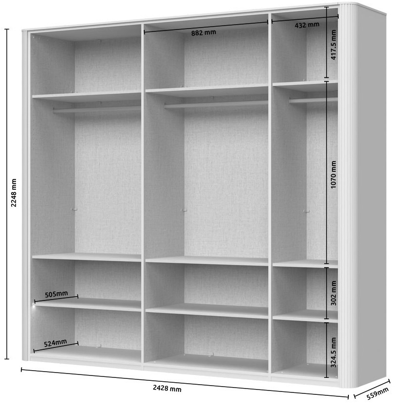 Päťdverová šatníková skriňa s osvetlením renfri - kašmír.

 

Interiér skrine je premyslený do posledného detailu; ponúka textilný dekor a police s integrovaným osvetlením, ktoré elegantne vystaví vaše obľúbené kúsky.

 

Renfri nie je len šatníková skriňa; je to dizajnový prvok, ktorý harmonicky spája vzhľad s praktickými detailmi pre každodenný komfort. Jemný mat v kašmírovej farbe pôsobí nadčasovo, zatiaľ čo unikátne kovové úchytky imitujúce vzhľad kože pridávajú skrini osobitý nádych.

 

Skriňu ľahko zladíte s ďalšími prvkami kolekcie Renfri a vytvoríte harmonický celok v jednotnom kašmírovom odtieni s akcentom Midnight Copper.

 

Rozmery šatníkovej skrine Renfri sú 198x225x56cm (š,v,h)

 

Ďalší nábytok z kolekcie Renfri nájdete v súvisiacich produktoch.