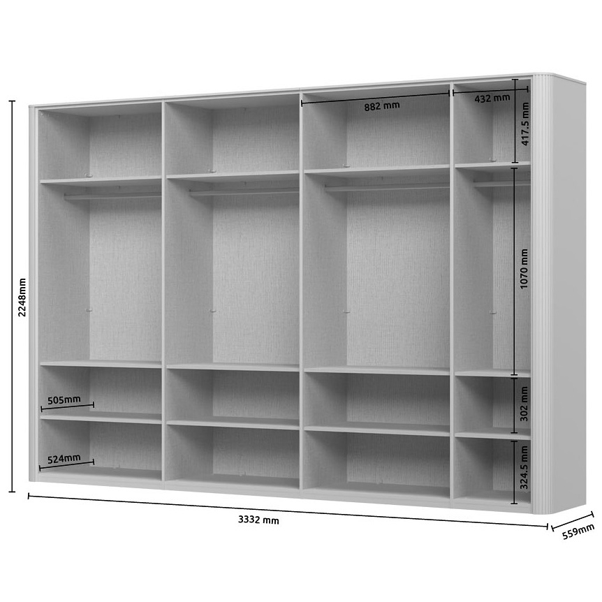 Sedemdverová šatníková skriňa renfri - kašmír.

 

Interiér skrine je premyslený do posledného detailu a štýlizovaný do textilného dekoru.

 

Renfri nie je len šatníková skriňa; je to dizajnový prvok, ktorý harmonicky spája vzhľad s praktickými detailmi pre každodenný komfort. Jemný mat v kašmírovej farbe pôsobí nadčasovo, zatiaľ čo unikátne kovové úchytky imitujúce vzhľad kože pridávajú skrini osobitý nádych.

 

Skriňu ľahko zladíte s ďalšími prvkami kolekcie Renfri a vytvoríte harmonický celok v jednotnom kašmírovom odtieni s akcentom Midnight Copper.

 

Rozmery šatníkovej skrine Renfri sú 333x225x56cm (š,v,h)

 

Ďalší nábytok z kolekcie Renfri nájdete v súvisiacich produktoch.