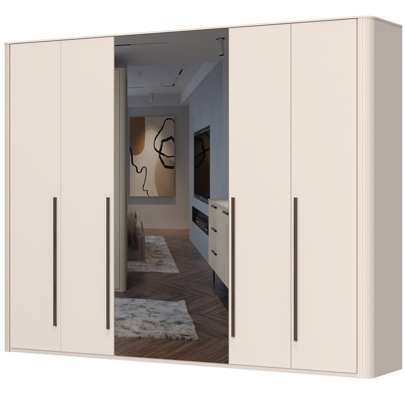 Šesťdverová šatníková skriňa so zrkadlom renfri - kašmír.

 

Interiér skrine je premyslený do posledného detailu a štýlizovaný do textilného dekoru.

 

Renfri nie je len šatníková skriňa; je to dizajnový prvok, ktorý harmonicky prepája vzhľad s praktickými detailmi pre každodenný komfort. Jemný mat v farbe kašmíru pôsobí nadčasovo, zatiaľ čo unikátne kovové úchytky imitujúce vzhľad kože pridávajú skrini osobitý nádych.

 

Skriňu ľahko zladíte s ďalšími prvkami kolekcie Renfri a vytvoríte harmonický celok v jednotnom kašmírovom odtieni s akcentom Midnight Copper.

 

Rozmery šatníkovej skrine Renfri sú 288x225x56cm (š,v,h)

 

Ďalší nábytok z kolekcie Renfri nájdete v súvisiacich produktoch.