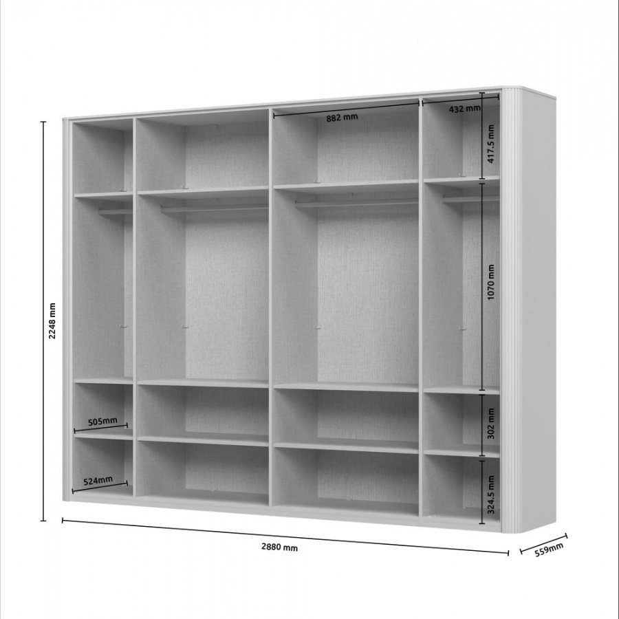 Šesťdverová šatníková skriňa so zrkadlom renfri - kašmír.

 

Interiér skrine je premyslený do posledného detailu a štýlizovaný do textilného dekoru.

 

Renfri nie je len šatníková skriňa; je to dizajnový prvok, ktorý harmonicky prepája vzhľad s praktickými detailmi pre každodenný komfort. Jemný mat v farbe kašmíru pôsobí nadčasovo, zatiaľ čo unikátne kovové úchytky imitujúce vzhľad kože pridávajú skrini osobitý nádych.

 

Skriňu ľahko zladíte s ďalšími prvkami kolekcie Renfri a vytvoríte harmonický celok v jednotnom kašmírovom odtieni s akcentom Midnight Copper.

 

Rozmery šatníkovej skrine Renfri sú 288x225x56cm (š,v,h)

 

Ďalší nábytok z kolekcie Renfri nájdete v súvisiacich produktoch.