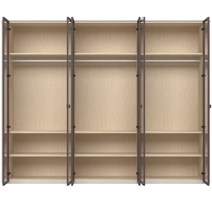 Šesťdverová šatníková skriňa s osvetlením a presklenými dverami renfri.

 

Interiér skrine je premyslený do posledného detailu; ponúka textilný dekor a police s integrovaným osvetlením, ktoré elegantne vystavia vaše obľúbené kúsky. Vnútorné LED osvetlenie rovnomerne presvetľuje celú skriňu, čo vám umožní ľahko nájsť, čo hľadáte, aj bez rozsvietenia hlavného svetla.

 

Renfri nie je len šatníková skriňa; je to dizajnový prvok, ktorý harmonicky spája vzhľad s praktickými detailmi pre každodenný komfort. Jemný mat v kašmírovej farbe pôsobí nadčasovo, zatiaľ čo hnedé sklo a kovové úchytky pridávajú nádych intimity a vizuálnej čistoty. LED osvetlenie potom podčiarkuje atmosféru spálne.

 

Skriňu ľahko zladíte s ďalšími prvkami kolekcie Renfri a vytvoríte harmonický celok v jednotnom kašmírovom odtieni s akcentom Midnight Copper.

 

Rozmery šatníkovej skrine Renfri sú 288x225x56cm (š,v,h).

 

Ďalší nábytok z kolekcie Renfri nájdete v súvisiacich produktoch.