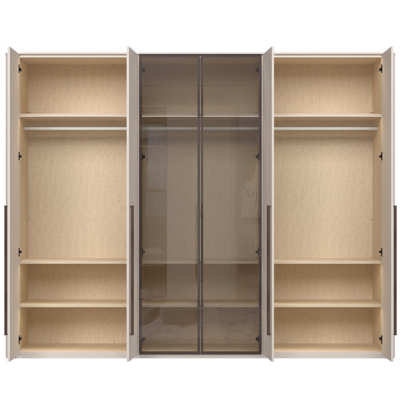 Šesťdverová šatníková skriňa s osvetlením a dvoma presklenými dverami.

 

Interiér skrine je premyslený do posledného detailu; ponúka textilný dekor a police s integrovaným osvetlením, ktoré elegantne vystavia vaše obľúbené kúsky. Vnútorné LED osvetlenie rovnomerne presvetľuje celú skriňu, čo vám umožní ľahko nájsť, čo hľadáte, aj bez rozsvietenia hlavného svetla.

 

Renfri nie je len šatníková skriňa; je to dizajnový prvok, ktorý harmonicky prepája vzhľad s praktickými detailmi pre každodenný komfort. Jemný mat v kašmírovej farbe pôsobí nadčasovo, zatiaľ čo hnedé sklo a kovové úchytky s imitáciou kože pridávajú nádych intimity a vizuálnej čistoty. LED osvetlenie potom podčiarkuje atmosféru spálne.

 

Skriňu ľahko zladíte s ďalšími prvkami kolekcie Renfri a vytvoríte harmonický celok v jednotnom kašmírovom odtieni s akcentom Midnight Copper.

 

Rozmery šatníkovej skrine Renfri sú 288x225x56cm (š,v,h).

 

Ďalší nábytok z kolekcie Renfri nájdete v súvisiacich produktoch.