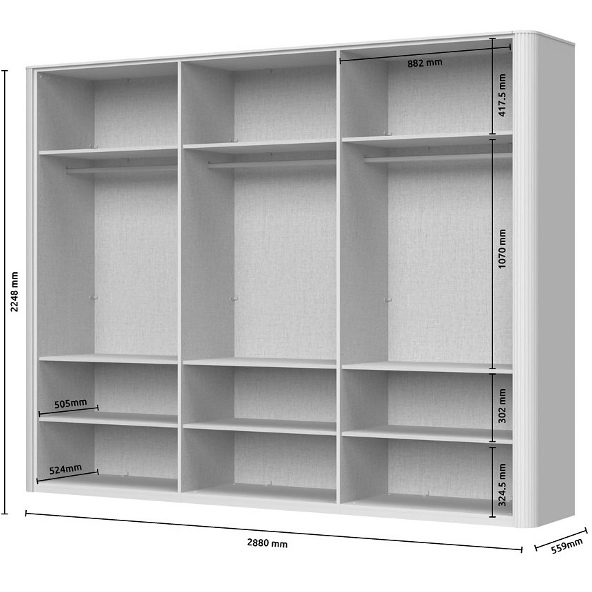 Šesťdverová šatníková skriňa s osvetlením a dvoma presklenými dverami.

 

Interiér skrine je premyslený do posledného detailu; ponúka textilný dekor a police s integrovaným osvetlením, ktoré elegantne vystavia vaše obľúbené kúsky. Vnútorné LED osvetlenie rovnomerne presvetľuje celú skriňu, čo vám umožní ľahko nájsť, čo hľadáte, aj bez rozsvietenia hlavného svetla.

 

Renfri nie je len šatníková skriňa; je to dizajnový prvok, ktorý harmonicky prepája vzhľad s praktickými detailmi pre každodenný komfort. Jemný mat v kašmírovej farbe pôsobí nadčasovo, zatiaľ čo hnedé sklo a kovové úchytky s imitáciou kože pridávajú nádych intimity a vizuálnej čistoty. LED osvetlenie potom podčiarkuje atmosféru spálne.

 

Skriňu ľahko zladíte s ďalšími prvkami kolekcie Renfri a vytvoríte harmonický celok v jednotnom kašmírovom odtieni s akcentom Midnight Copper.

 

Rozmery šatníkovej skrine Renfri sú 288x225x56cm (š,v,h).

 

Ďalší nábytok z kolekcie Renfri nájdete v súvisiacich produktoch.