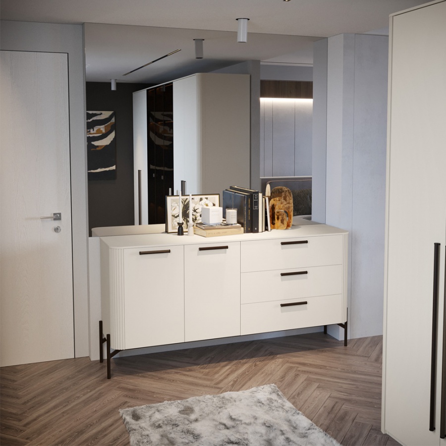 Kombinovaná komoda renfri - kašmír.

 

Kašmírový dekor s UV matným lakom a jemnými textúrami dodáva komode sofistikovaný vzhľad, zatiaľ čo kovové úchytky a nohy v dekore Midnight Copper prispievajú k modernému dizajnu a zabezpečujú stabilitu.

 

Vnútorný priestor v podobe troch zásuviek a dvoch políc je nielen funkčný, ale aj esteticky spracovaný textilným dekorom, ktorý pridáva jemný dotyk luxusu.

 

Rozmery tejto komody sú 180x91x46 cm (š, v, h).

 

Ďalší nábytok z kolekcie Renfri nájdete v súvisiacich produktoch.