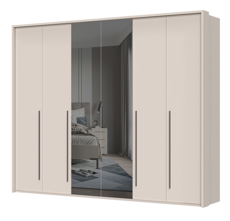 Šesťdverová šatníková skriňa baptiste so zrkadlom a rámom - béžová.


Kľúčové vlastnosti:


	Materiál a povrchová úprava: Skriňa je vyrobená z vysoko kvalitného lamina s hrúbkou 18–25 mm, kombinovaného s MDF doskou pre čelá dverí a zásuviek.
	Dizajn a funkčnosť: Skriňa je vybavená soft close systémom, ktorý zaisťuje tiché a pomalé dovieranie dvierok a zásuviek.
	Úložný priestor: Za plnými dvierkami, z ktorých dve prostredné sú opatrené zrkadlom, sa skrýva 12 políc a 4 šatníkové tyče, ktoré poskytujú dostatok úložného priestoru pre všetko šatstvo.
	Variabilita a prispôsobenie: Skriňa je dostupná v troch variantoch – základná, s rámom a s LED osvetlením.
	Stabilita a vyrovnanie: Vďaka nastaviteľným nôžkam je možné nábytok ľahko vyrovnať aj na nerovnom povrchu.



Rozmery:


	Šírka: 277 cm
	Výška: 226 cm
	Hĺbka: 60 cm



Doplnky a súvisiace produkty:
Na ešte väčšie prispôsobenie vašim potrebám je možné ku skrini dokúpiť širokú škálu kompatibilných doplnkov.


Kolekcia Baptiste:
Každý prvok tejto kolekcie je navrhnutý s dôrazom na detaily, komfort a luxus, ktorý si zaslúžite.
Doprajte si komfort a luxus so šatníkovou skriňou Baptiste, ktorá sa stane neprehliadnuteľným prvkom vášho interiéru.

 