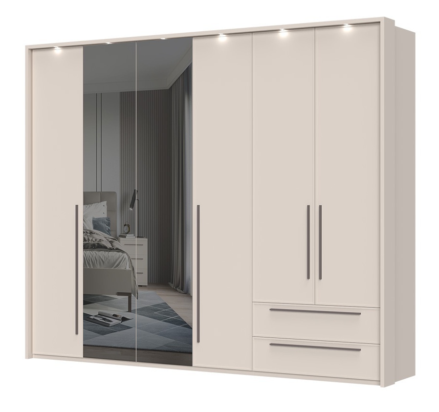 Šesťdverová šatníková skriňa baptiste so zrkadlom, led a zásuvkami -.

 

Hlavné vlastnosti:


	Luxusná kašmírová farba s matným finishom: Skriňa je navrhnutá v elegantnej béžovej farbe, ktorá sa ľahko kombinuje s rôznymi interiérovými štýlmi.
	Kávovo hnedé úchytky: Dodávajú skrini sofistikovaný vzhľad a jednoduchú manipuláciu.
	Soft close systém: Zaisťuje tiché a pomalé dovieranie dvierok a zásuviek, čo prispieva k dlhodobej životnosti nábytku.
	UV lak: Povrch skrine je upravený špeciálnym UV lakom, ktorý je až 5x odolnejší ako bežný lak, čo zaručuje dlhodobú ochranu a krásu nábytku.
	Textilný dekor vnútorných priestorov: Zdôrazňuje prepychový dizajn a zaisťuje príjemný vzhľad vnútorného usporiadania.


Funkčnosť a flexibilita:


	Rozmery: 277x226x60 cm (š, v, h), poskytujúce dostatok úložného priestoru pre všetko vaše šatstvo.
	Úložný priestor: Skriňa je vybavená dvoma priestrannými zásuvkami, siedmimi policami a tromi šatníkovými tyčami, čo zaisťuje optimálne usporiadanie a prehľadnosť.
	Zrkadlá: Dve zrkadlá umiestnené na dverách skrine pridávajú na praktickosti a opticky zväčšujú priestor.
	LED osvetlenie: Súčasťou skrine je integrované LED osvetlenie, ktoré nielenže uľahčuje orientáciu v skrini, ale tiež pridáva na estetickej hodnote.
	Nastaviteľné nôžky: Umožňujú ľahké vyrovnanie nábytku aj na nerovnom povrchu, čo zaisťuje stabilitu a bezpečnosť.


Možnosti prispôsobenia:


	Skriňa je ponúkaná v troch variantoch – základná, s rámom a s LED osvetlením, čo vám umožňuje vybrať si variant, ktorý najlepšie zodpovedá vašim potrebám a vkusu.
	Kompatibilné doplnky: Možnosť dokúpenia širokej škály doplnkov, ako sú ďalšie police alebo špeciálne vychytávky, vám umožní prispôsobiť skriňu presne podľa vašich predstáv.


Kvalitné materiály:


	Vysoko kvalitné lamino (18-25 mm): Zaisťuje robustnosť a odolnosť nábytku.
	MDF doska: Použitá na čelá dverí a zásuviek, prispieva k elegantnému vzhľadu a trvanlivosti.


Kolekcia Baptiste je symbolom komfortu a luxusu, ktorý si zaslúžite.

 