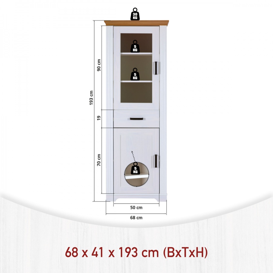 Presklená úzka vitrína z masívu malcolm - biela/dub.

 

Dvoje dvierka s bezpečnostným sklom umožnia štýlovo vystaviť dekorácie; tlmené kovanie zaisťuje, že sa po krátkom dotyku samovoľne a ticho dovrú.

 

Jednoduchá starostlivosť: utrite vlhkou handričkou (možno s jemným čistiacim prostriedkom), potom dosucha vytrite.

 

Všetky produkty z kolekcie Malcolm nájdete nižšie v súvisiacich produktoch.